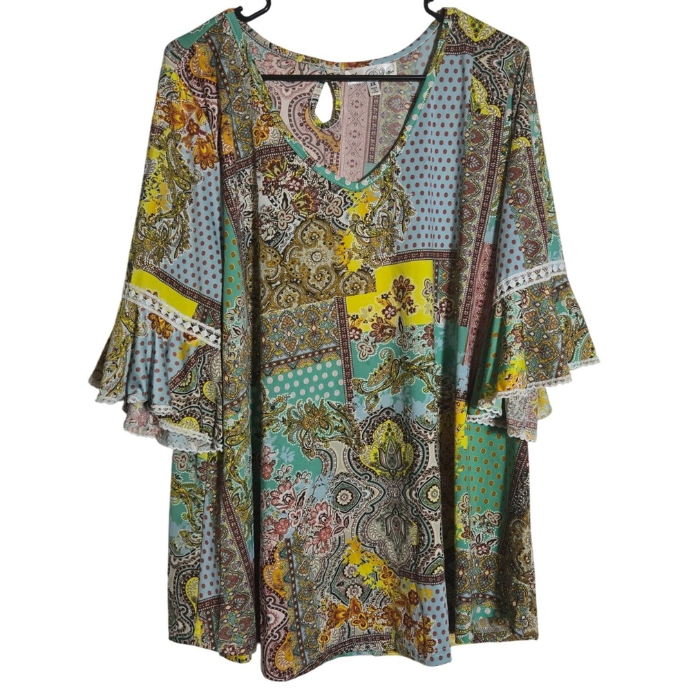 Stem & Vine Women Patchwork Paisley Bell Sleeve Top Plus 2X Boho Hippie Festival